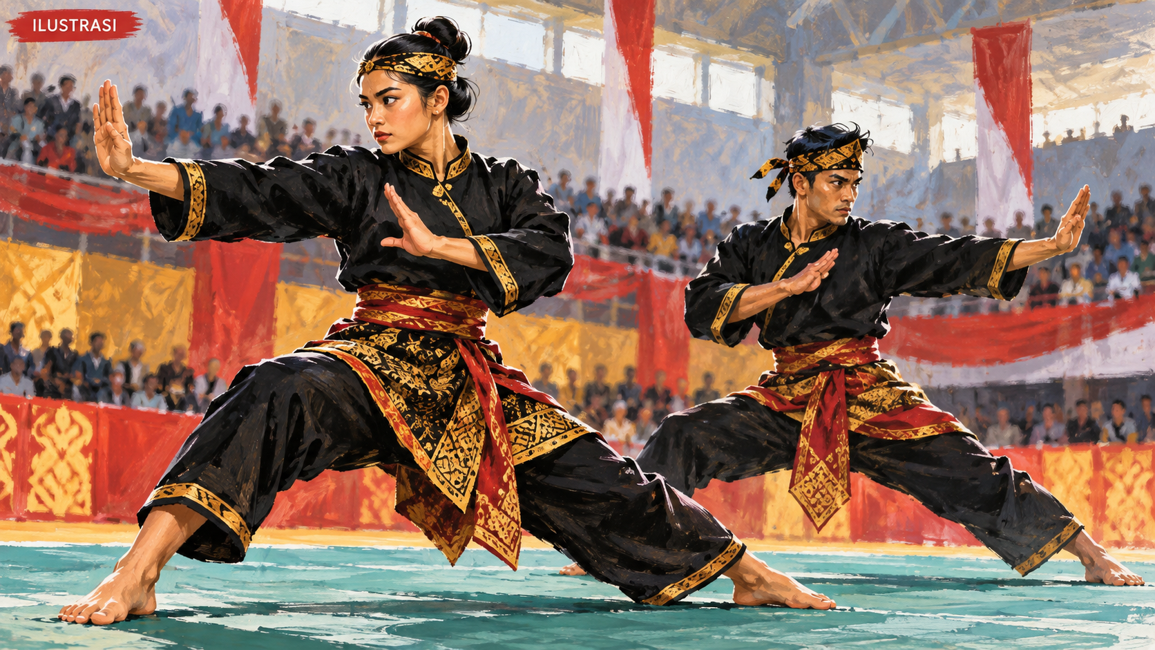 Ilustrasi dua pesilat; bukan potret atlet atau dokumentasi Porprov.