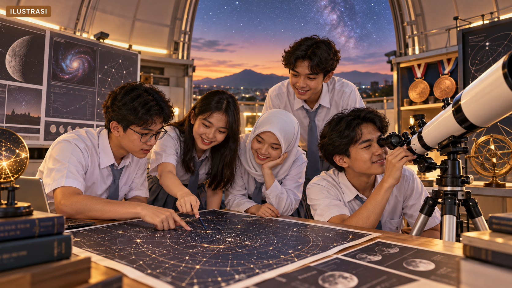 Ilustrasi pelajar Indonesia mempelajari astronomi; bukan dokumentasi IOAA 2026.